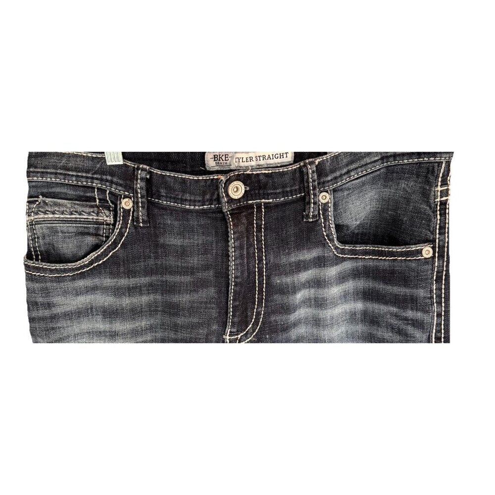 BKE Tyler Straight Leg Jeans Mens 34x29 Stretch Buckle Thick Stitch Whiskering - Picture 3 of 7